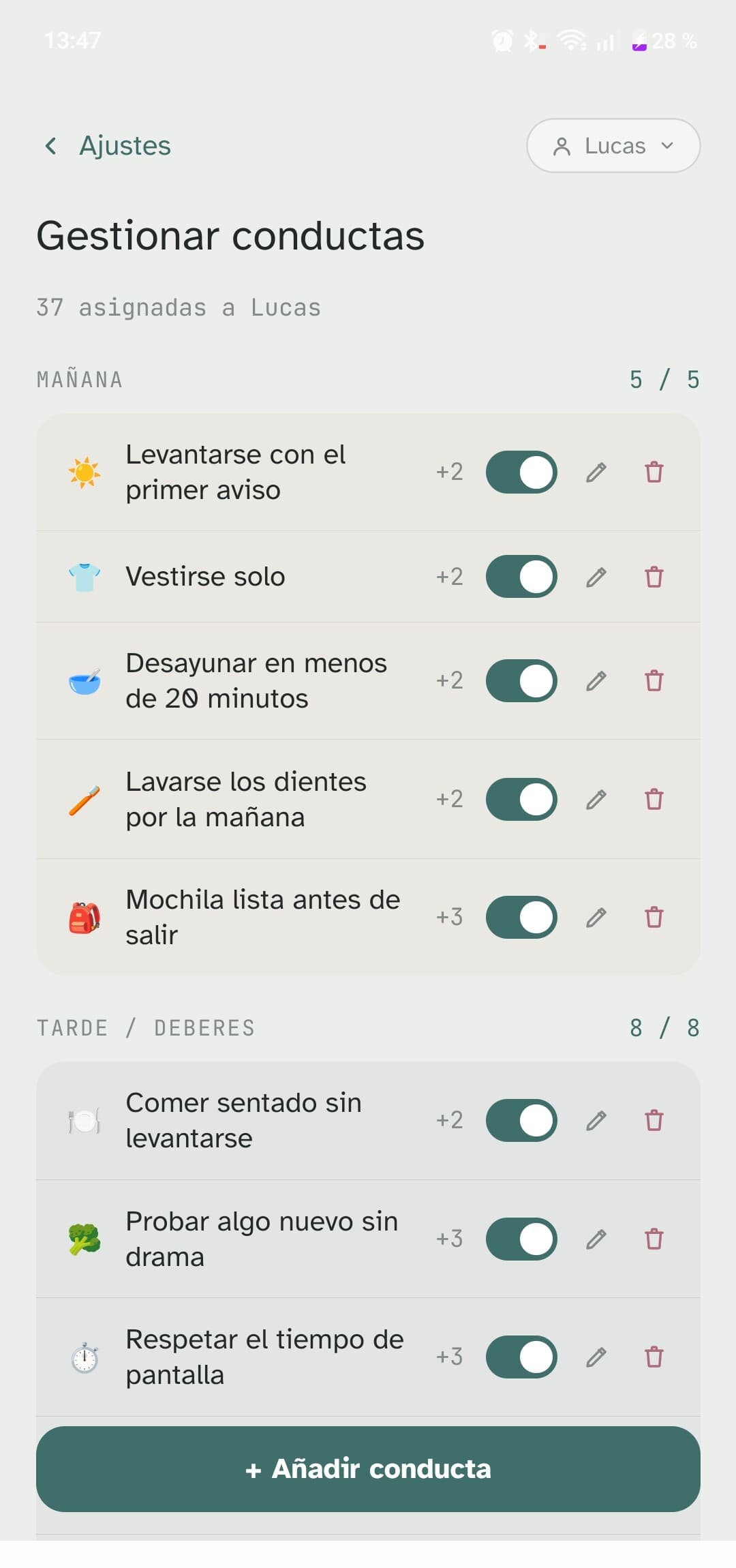 Pantalla de gestión de conductas en el modo adulto de neurodiverplan