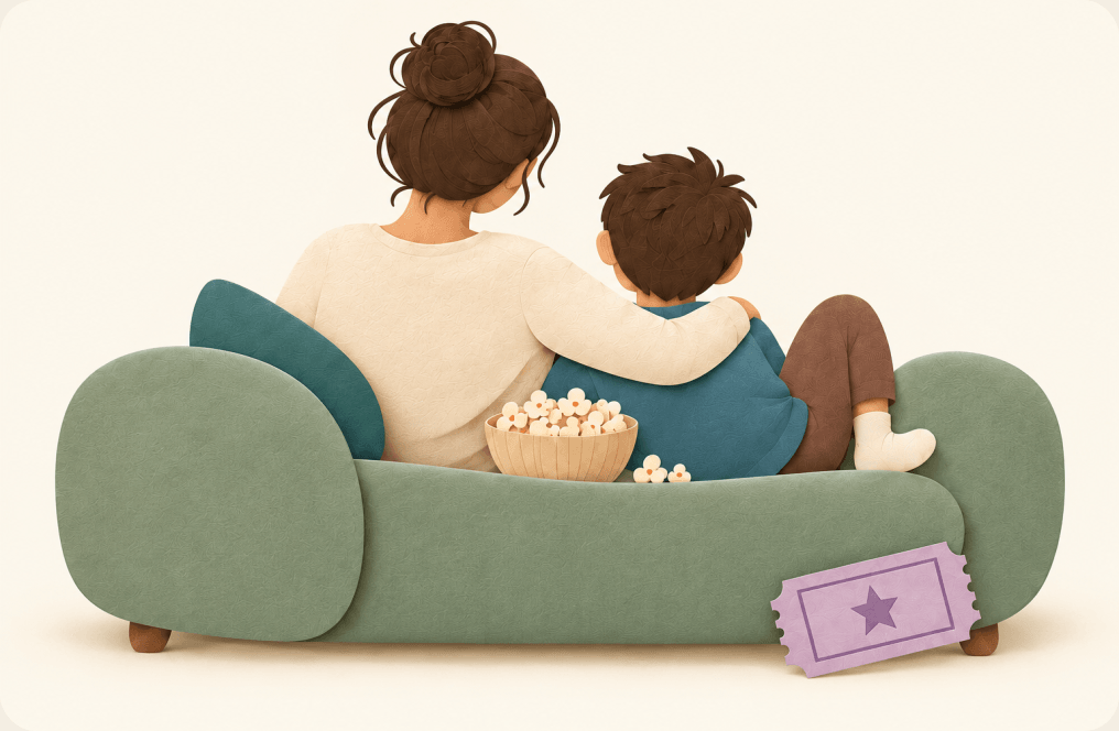 Una madre abraza a su hijo mientras comparten una película en un sofá salvia. Se aprecian las capas de papel del cabello, la ropa, los cojines y una entrada de cine lavanda.