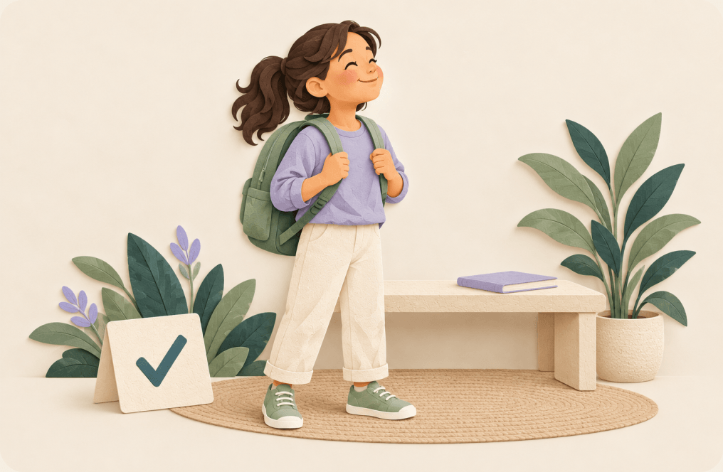 Una niña con su mochila preparada sonríe orgullosa. Ilustración de papel con texturas, plantas y una tarjeta de tarea completada.