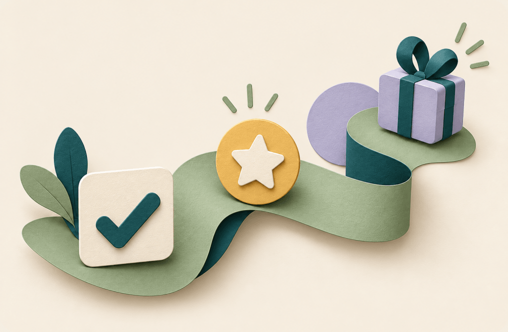 Un camino ondulado de papel salvia une una tarjeta con un check, una moneda con una estrella y un regalo lavanda.