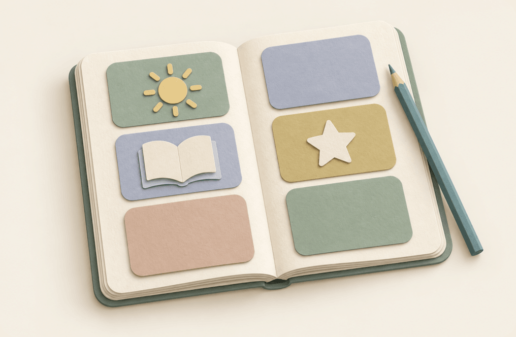 Un cuaderno de papel abierto con tarjetas de colores, un sol, un libro y una estrella, junto a un lápiz verde petróleo. Cada tarjeta representa un paso que la familia puede adaptar.