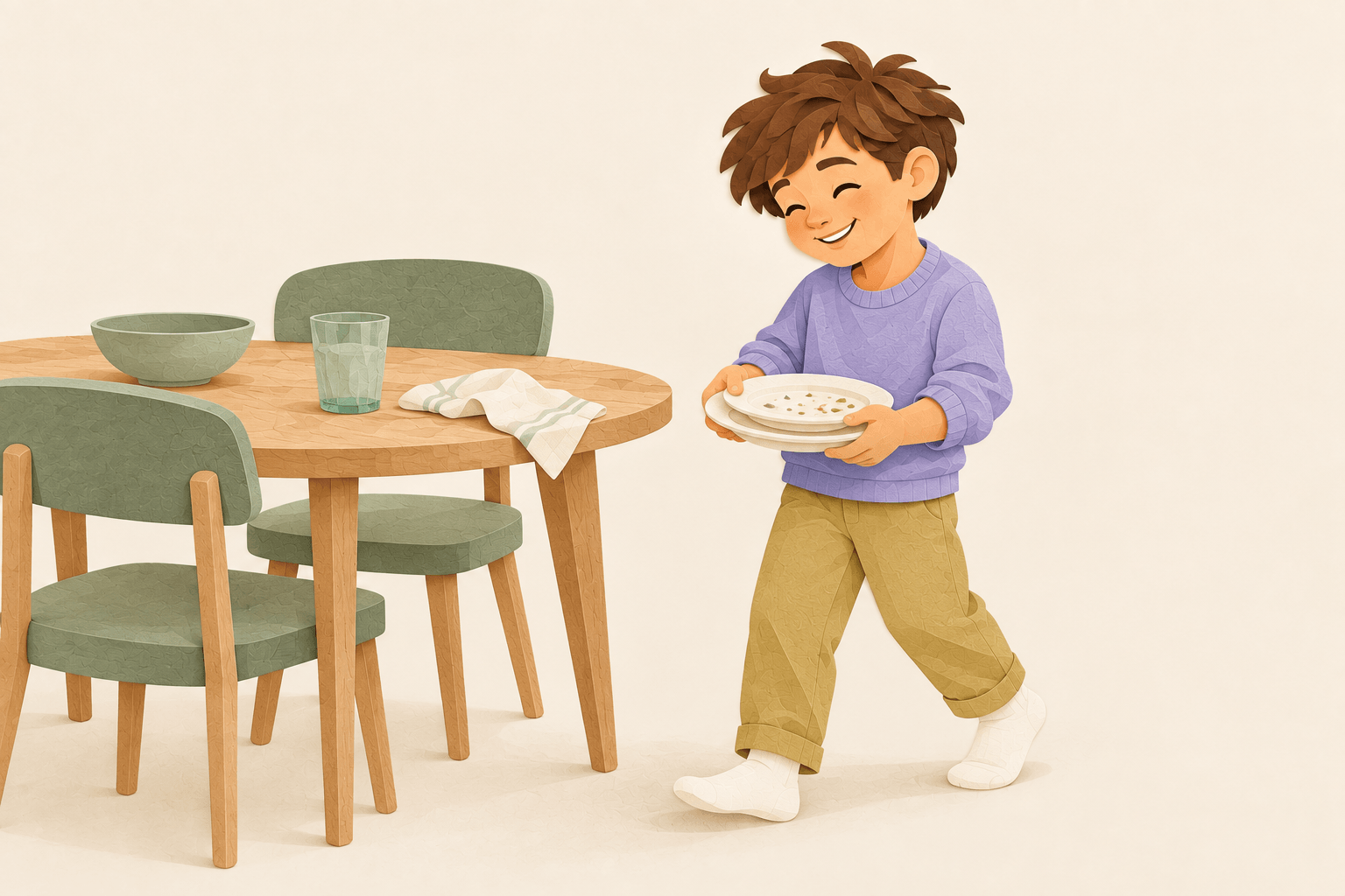 Un peque recoge sus platos con satisfacción, en una ilustración de papel en capas